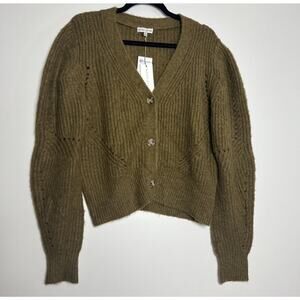 Moonriver Women’s Long Puffed Sleeves Olive Green Chunky Cable Knit Cardigan M